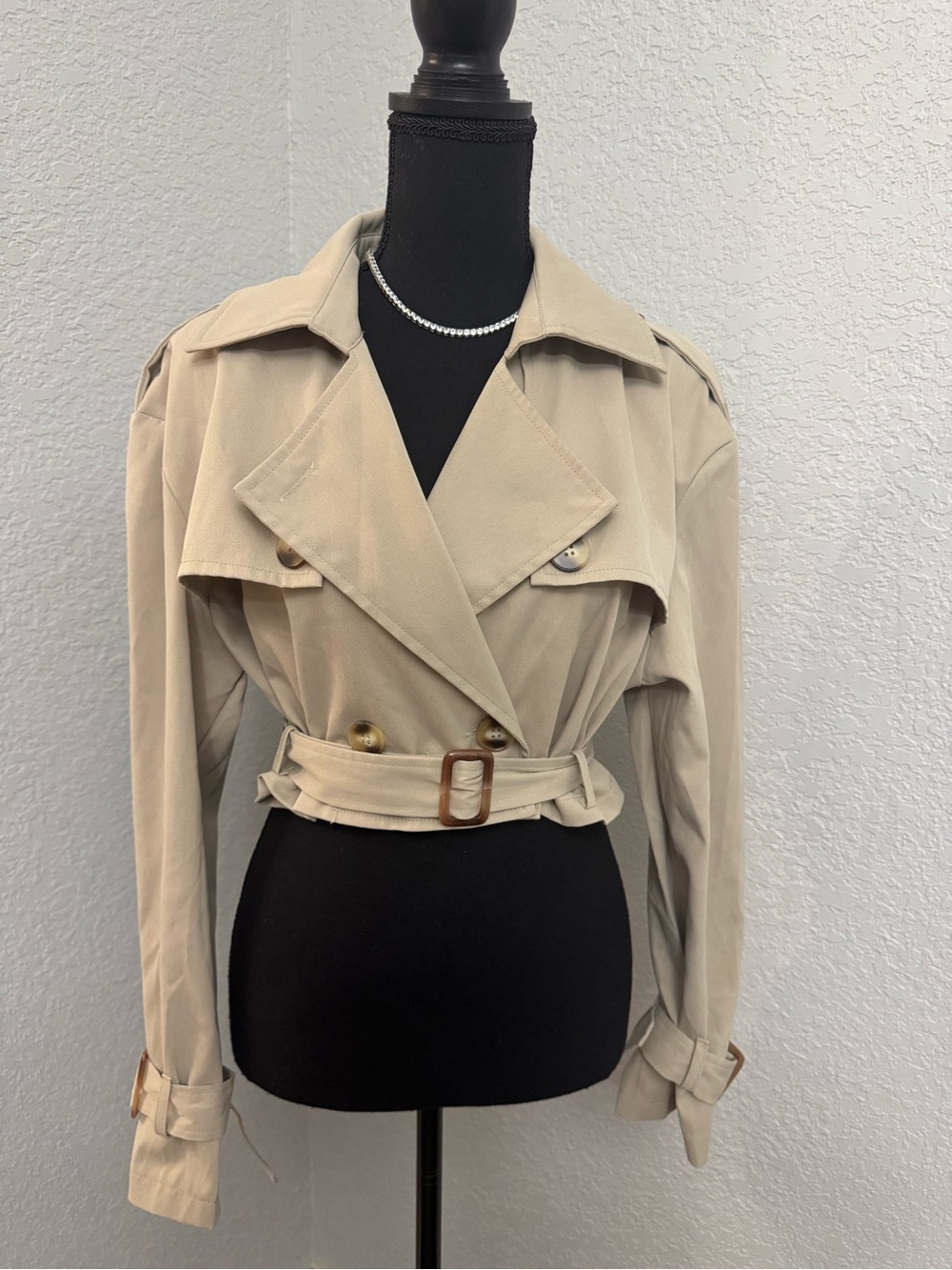 SHEIN Beige Cropped Light Weight Trench Coat with Waist Belt